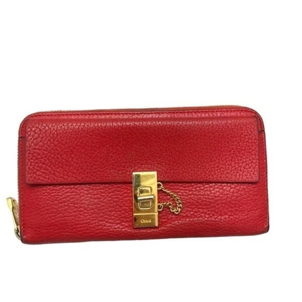 Chloe red pebbled leather drew clutch wallet